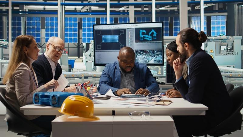 Two professionals discussing inventory visibility management 