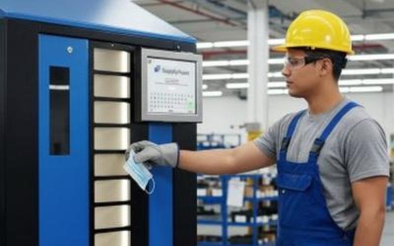 •	Close-up of a man's hand pressing a button on a vending machine