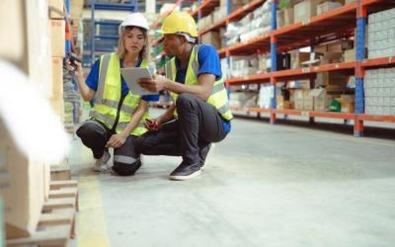 Two employees revising warehouse inventory