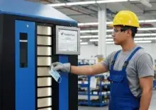 •	Close-up of a man's hand pressing a button on a vending machine